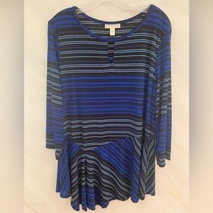 Dana Buchman XL Striped Fluid Knit Asymmetric Slinky Keyhole Tunic Blouse